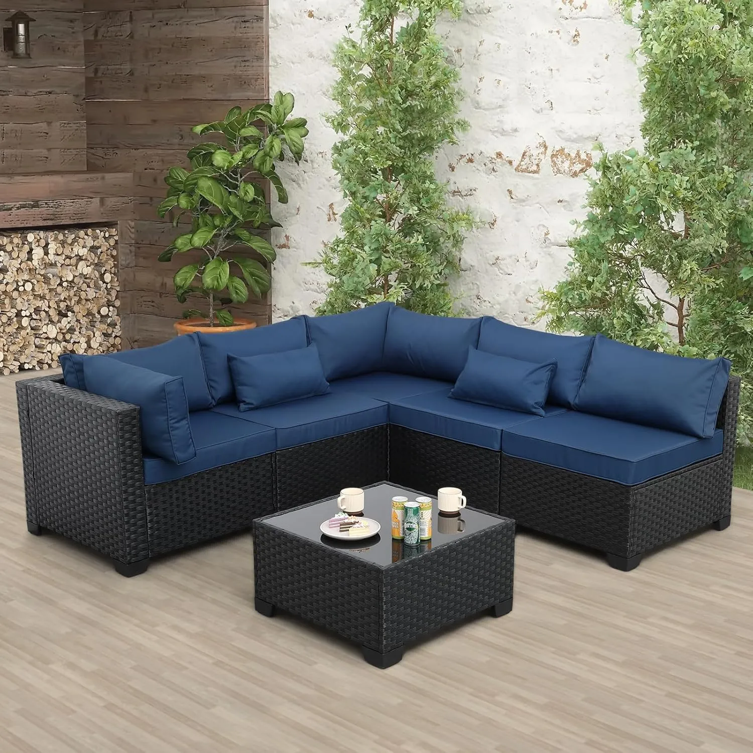 Rattaner Patio Sectional 6 Pieces All-Weather Wicker Patio Furniture Set Outdoor Sectional with Glass Patio Table Non-Slip Cushions and Waterproof Covers, Navy Blue