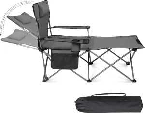 Reclining Camping Beach Chair - Folding Chairs with Footrest Lightweight Lounge with Pillow Cup Holder for Adults Outdoor Beach Patio Sport Lawn