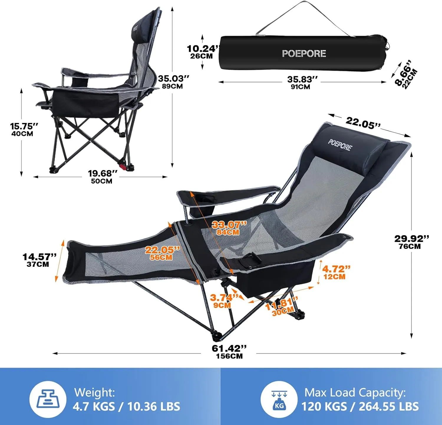 Reclining Camping Chair 4 Position with Foot Rest Comfortable for Adults 265Ibs Folding Lounger Mesh Beach Chair with Cooler Bag and Cup Holder for Outdoor Patio