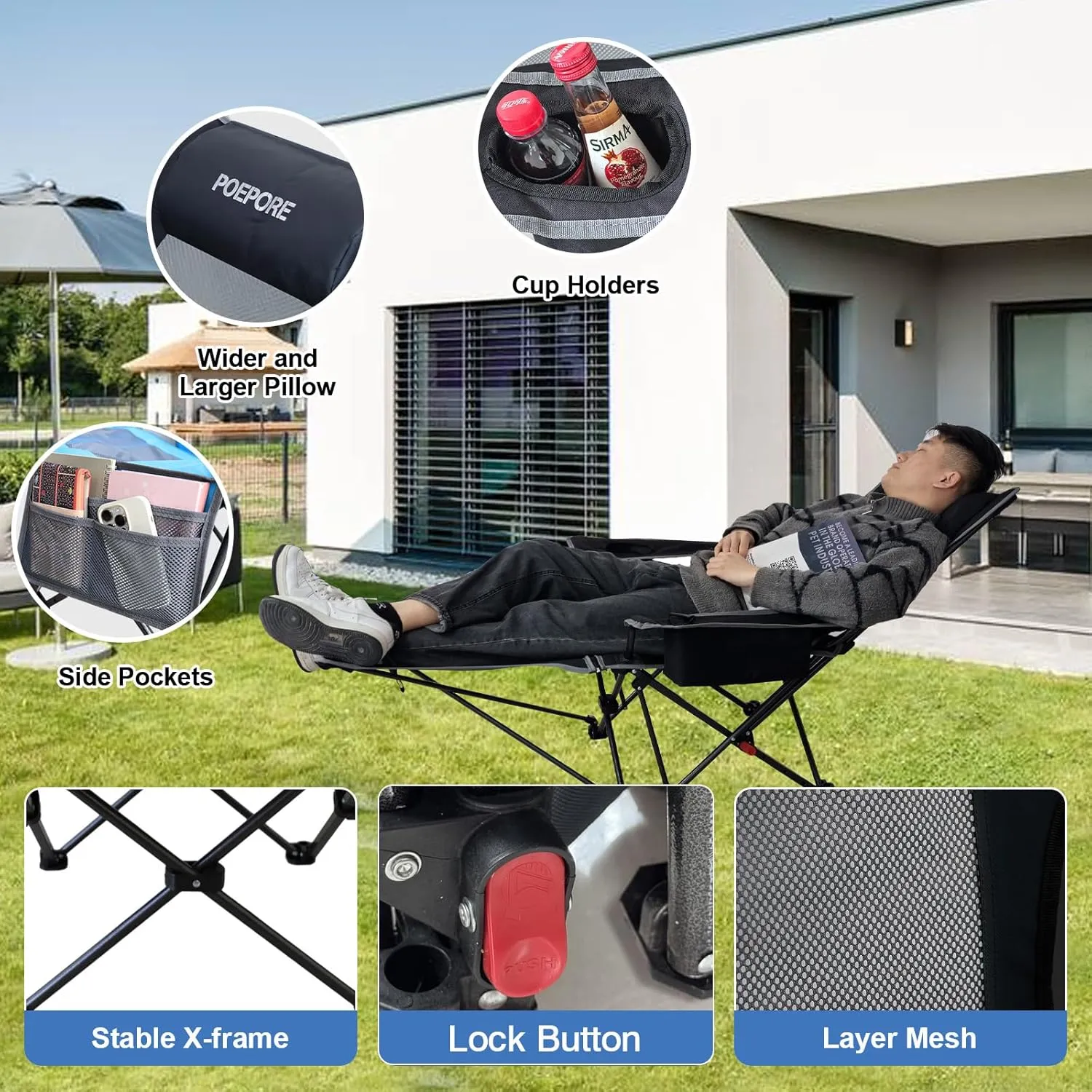 Reclining Camping Chair 4 Position with Foot Rest Comfortable for Adults 265Ibs Folding Lounger Mesh Beach Chair with Cooler Bag and Cup Holder for Outdoor Patio