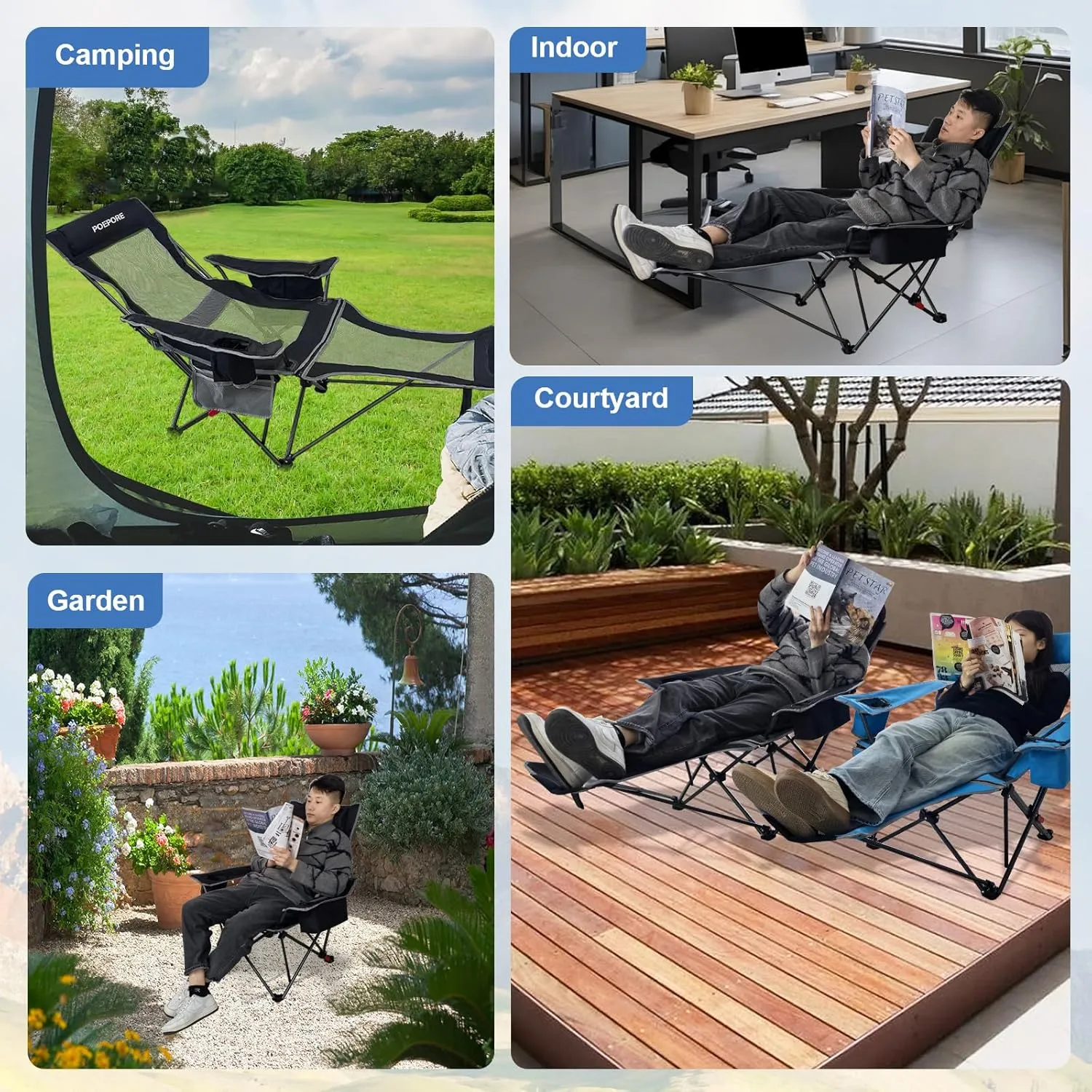 Reclining Camping Chair 4 Position with Foot Rest Comfortable for Adults 265Ibs Folding Lounger Mesh Beach Chair with Cooler Bag and Cup Holder for Outdoor Patio