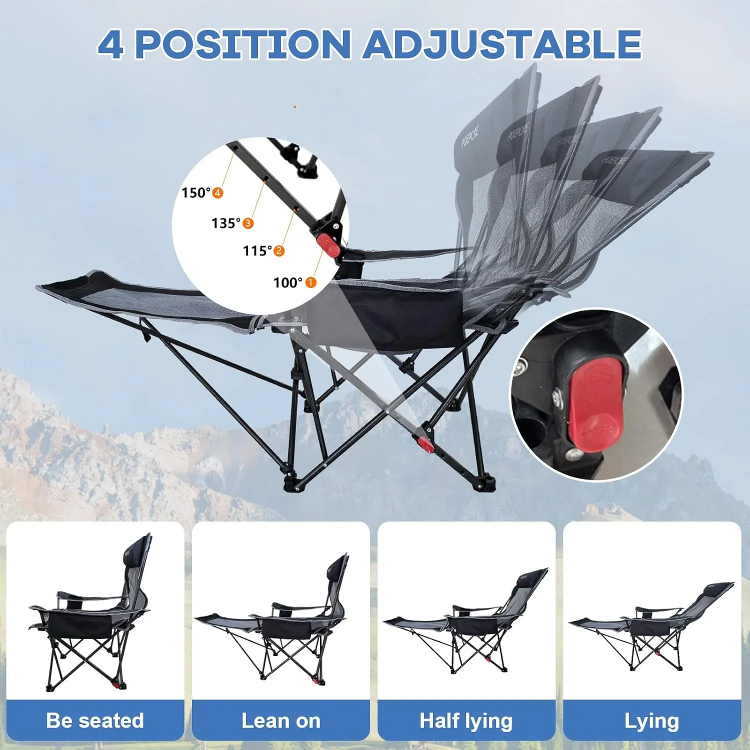 Reclining Camping Chair 4 Position with Foot Rest Comfortable for Adults 265Ibs Folding Lounger Mesh Beach Chair with Cooler Bag and Cup Holder for Outdoor Patio