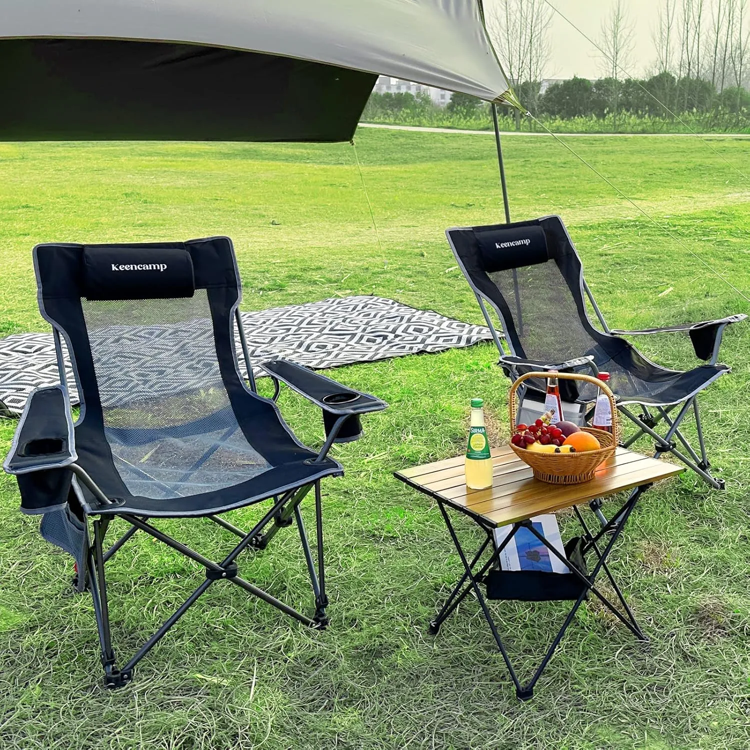 Reclining Camping Chair with Foot Rest Lightweight Folding Lounge Mesh Chair Adjustable with Removable Cotton Cushion for Beach Lawn Picnics