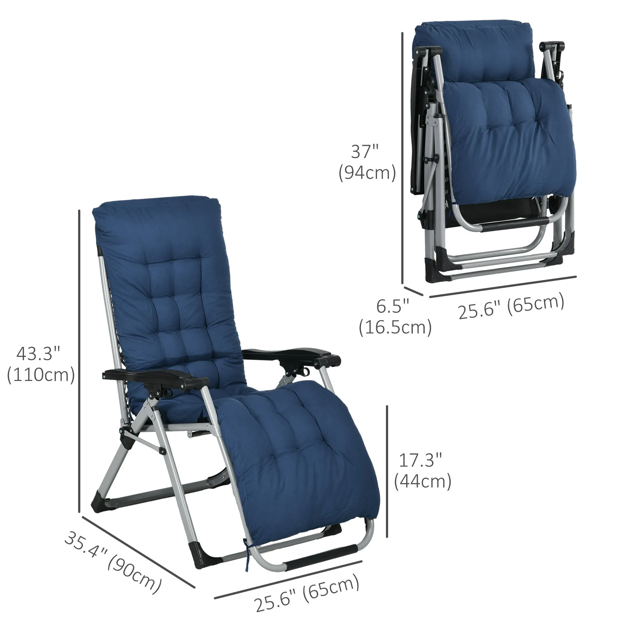 Reclining Zero Gravity Chair with Adjustable Backrest, Folding Garden Sun Lounger with Removable Cushion and Headrest, Set of 2, Dark Blue