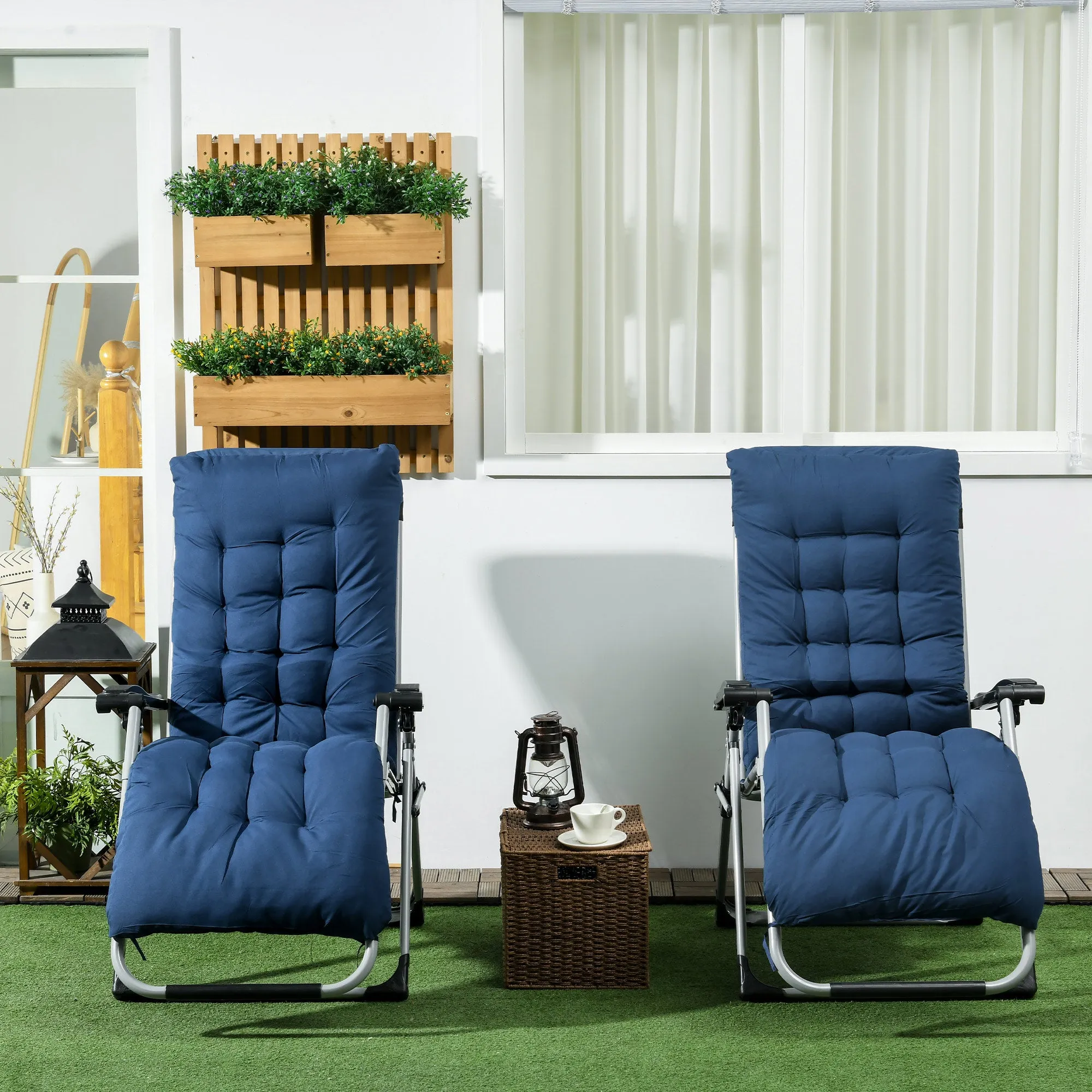 Reclining Zero Gravity Chair with Adjustable Backrest, Folding Garden Sun Lounger with Removable Cushion and Headrest, Set of 2, Dark Blue