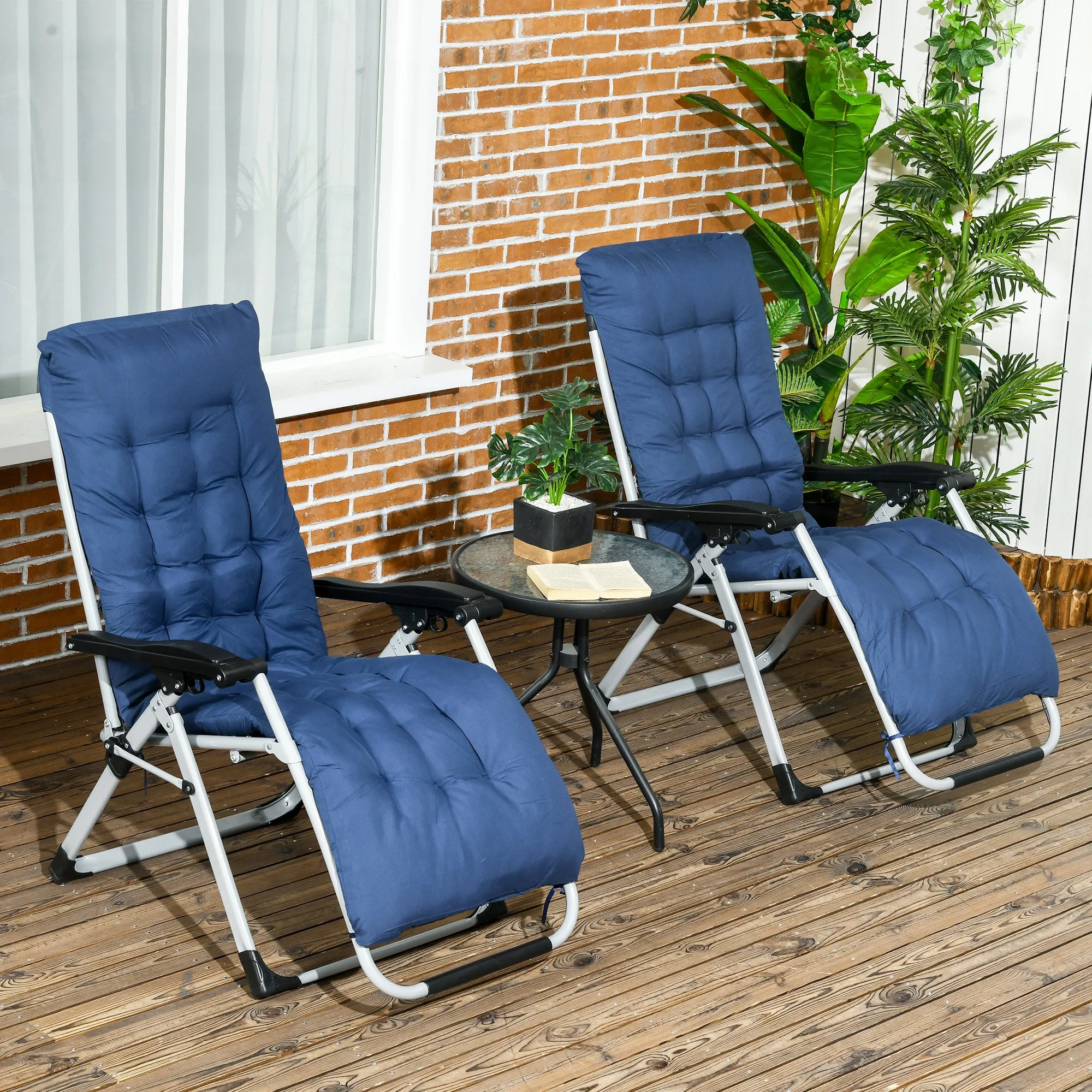 Reclining Zero Gravity Chair with Adjustable Backrest, Folding Garden Sun Lounger with Removable Cushion and Headrest, Set of 2, Dark Blue