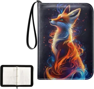 Red Fox Fire Colorful Flame Card Binder 4 Pocket, Trading Card Holder Fits 400 Game Cards with 50 Removable Sleeves, MTG Card Case Standard Size