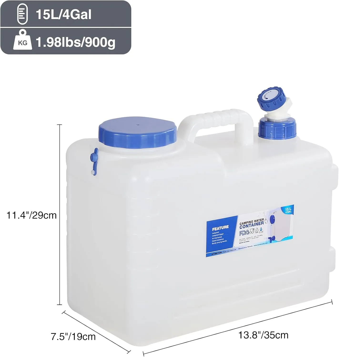REDCAMP 3.9 Gallon/15L Portable Water Container with Spigot,Camping Water Jug,Camping Water Container, Large Water Tank,Portable Emergency Water Storage for Camping,Hiking,Hurricane Supplies, 2 Pack
