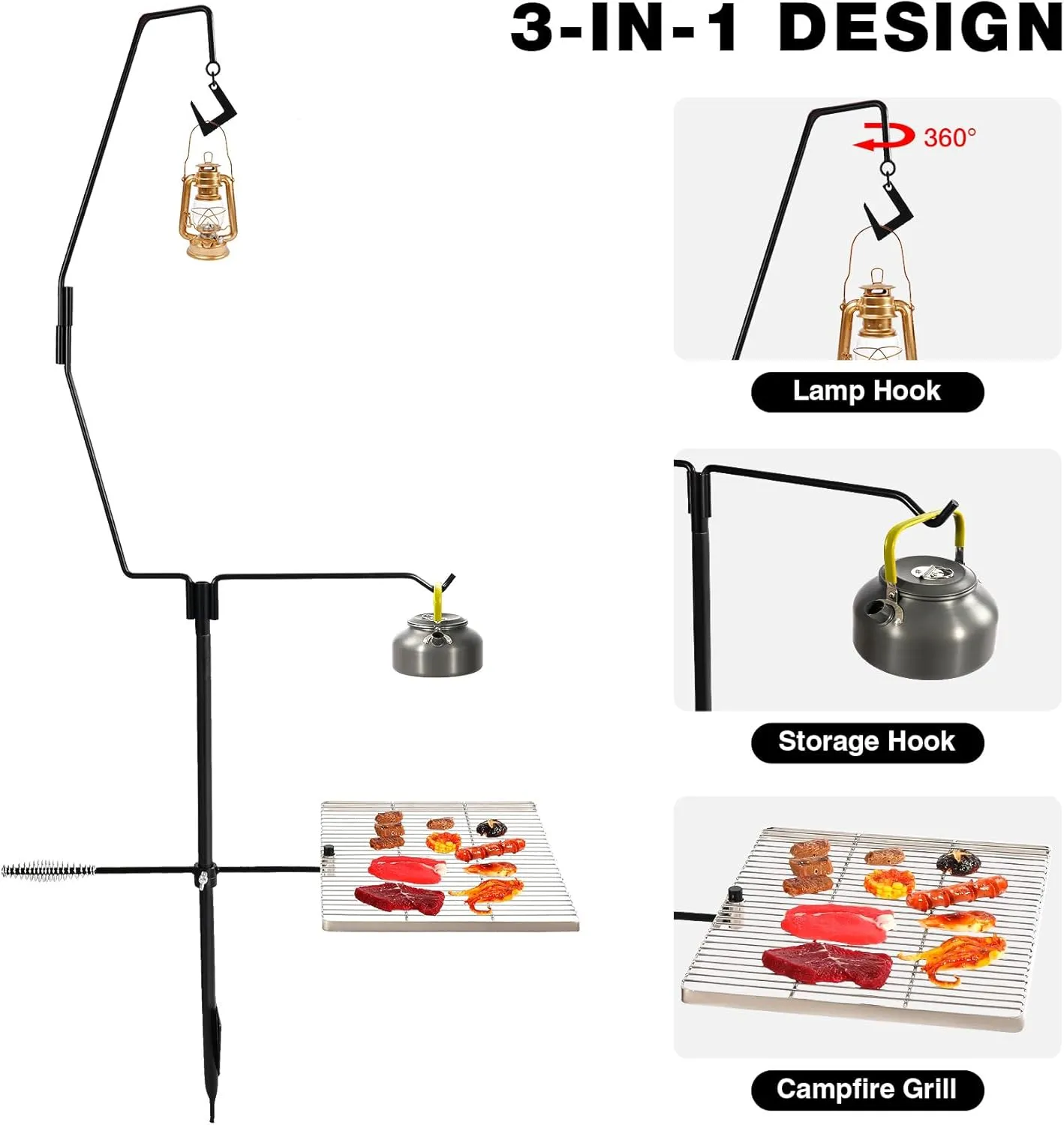 REDCAMP Swivel Campfire Grill Lamp Rack Set, Multipurpose Heavy Duty Stainless Steel Grate, Portable Over Fire Pit Camp Grill with Carrying Bag for Outdoor Camping Cooking BBQ