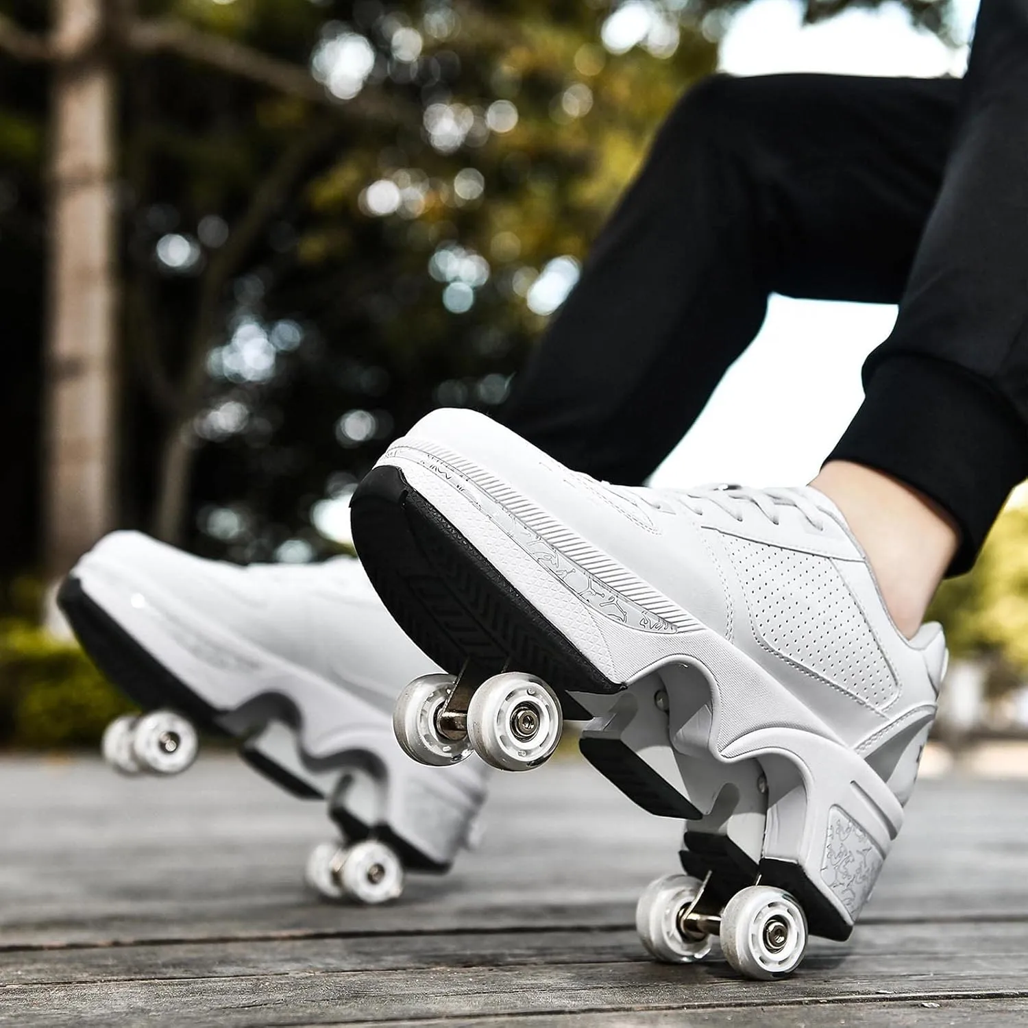 Roller Skate Shoes for Women Four Rounds Children's Roller Skates Shoes That Turn into Rollerskates Sneakers Outdoor Light Shoes with Wheels for Girls/Boys