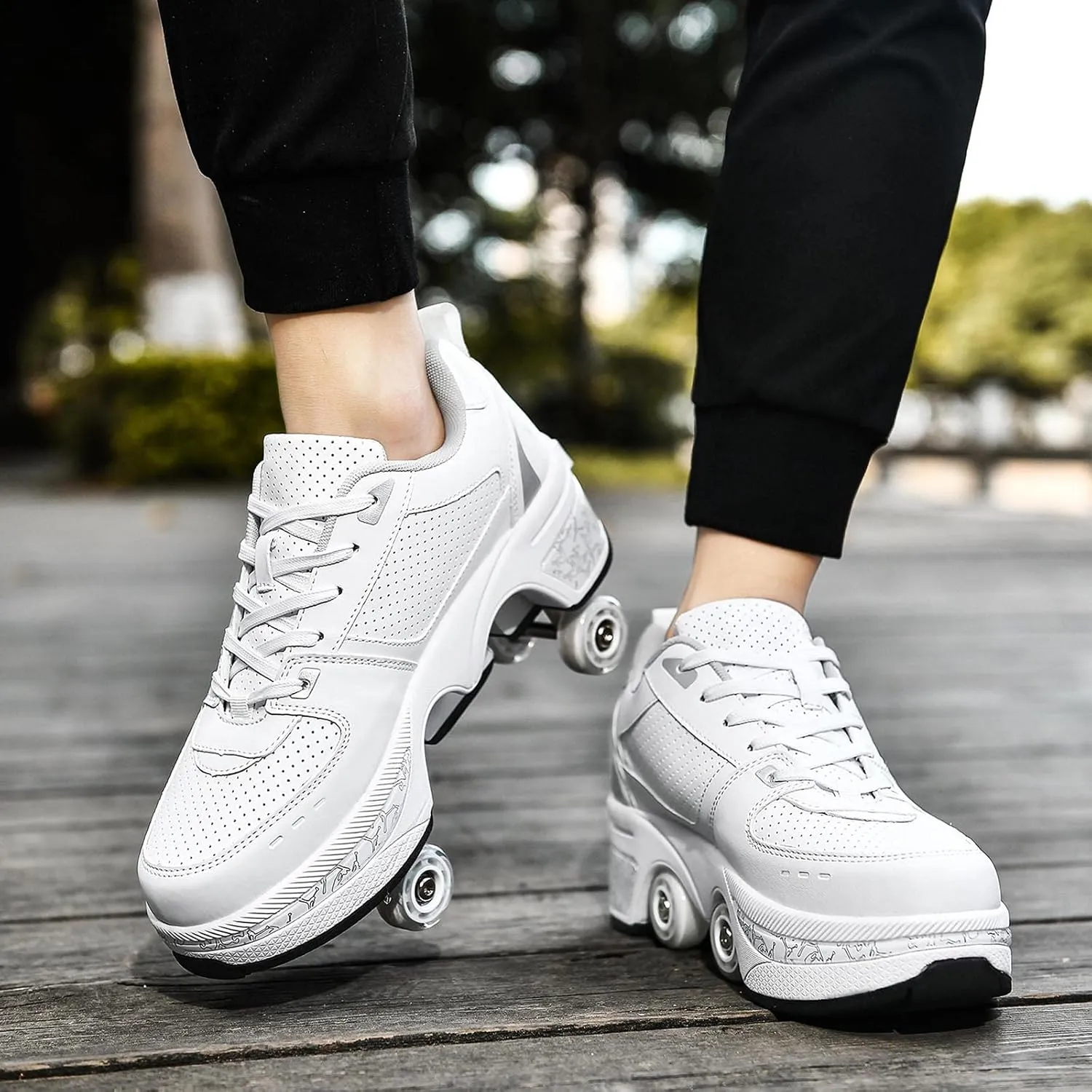 Roller Skate Shoes for Women Four Rounds Children's Roller Skates Shoes That Turn into Rollerskates Sneakers Outdoor Light Shoes with Wheels for Girls/Boys