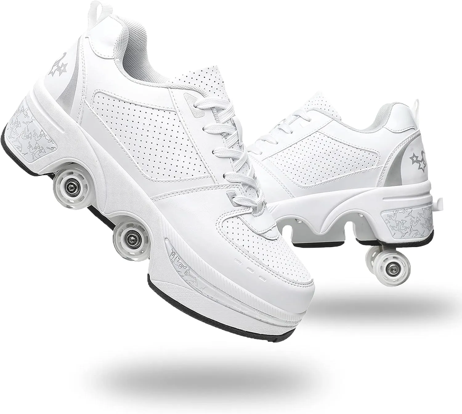 Roller Skate Shoes for Women Four Rounds Children's Roller Skates Shoes That Turn into Rollerskates Sneakers Outdoor Light Shoes with Wheels for Girls/Boys