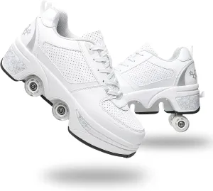 Roller Skate Shoes for Women Four Rounds Children's Roller Skates Shoes That Turn into Rollerskates Sneakers Outdoor Light Shoes with Wheels for Girls/Boys