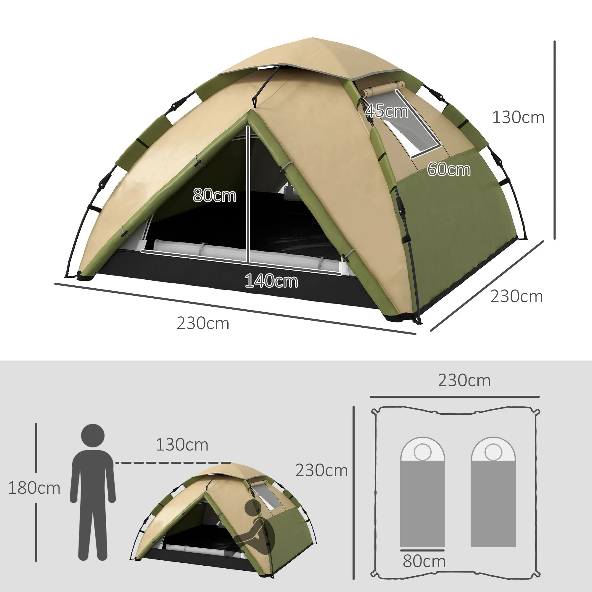 Rootz 3-4 Person Family Camping Tent - Lightweight Shelter - Rainproof Canopy - Waterproof 3000mm - 230cm x 230cm x 130cm