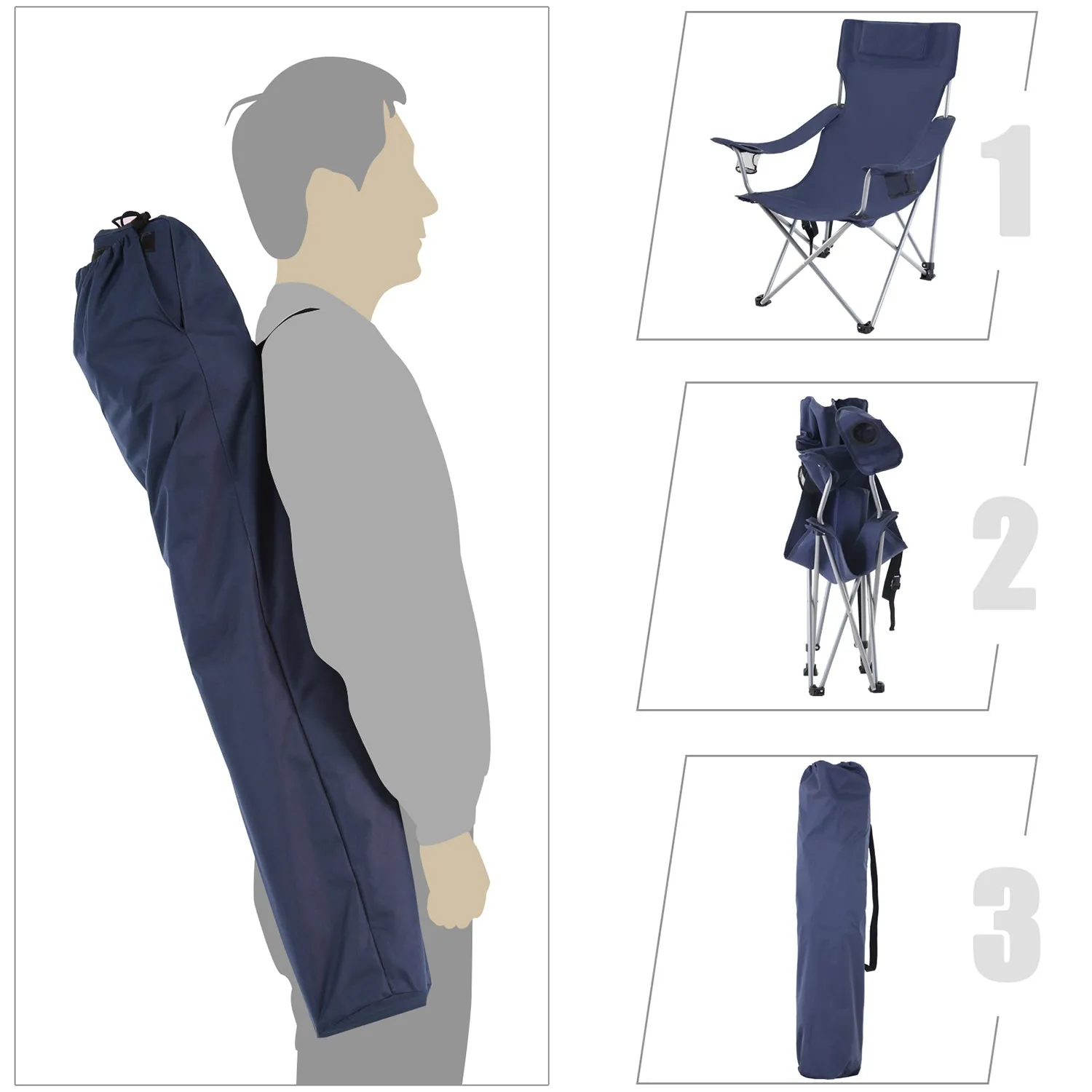 Rootz Camping Chair with Armrests - Outdoor Seat - Folding Chair - Lightweight at 3.8kg - 81 x 70 x 91cm - Dark Blue