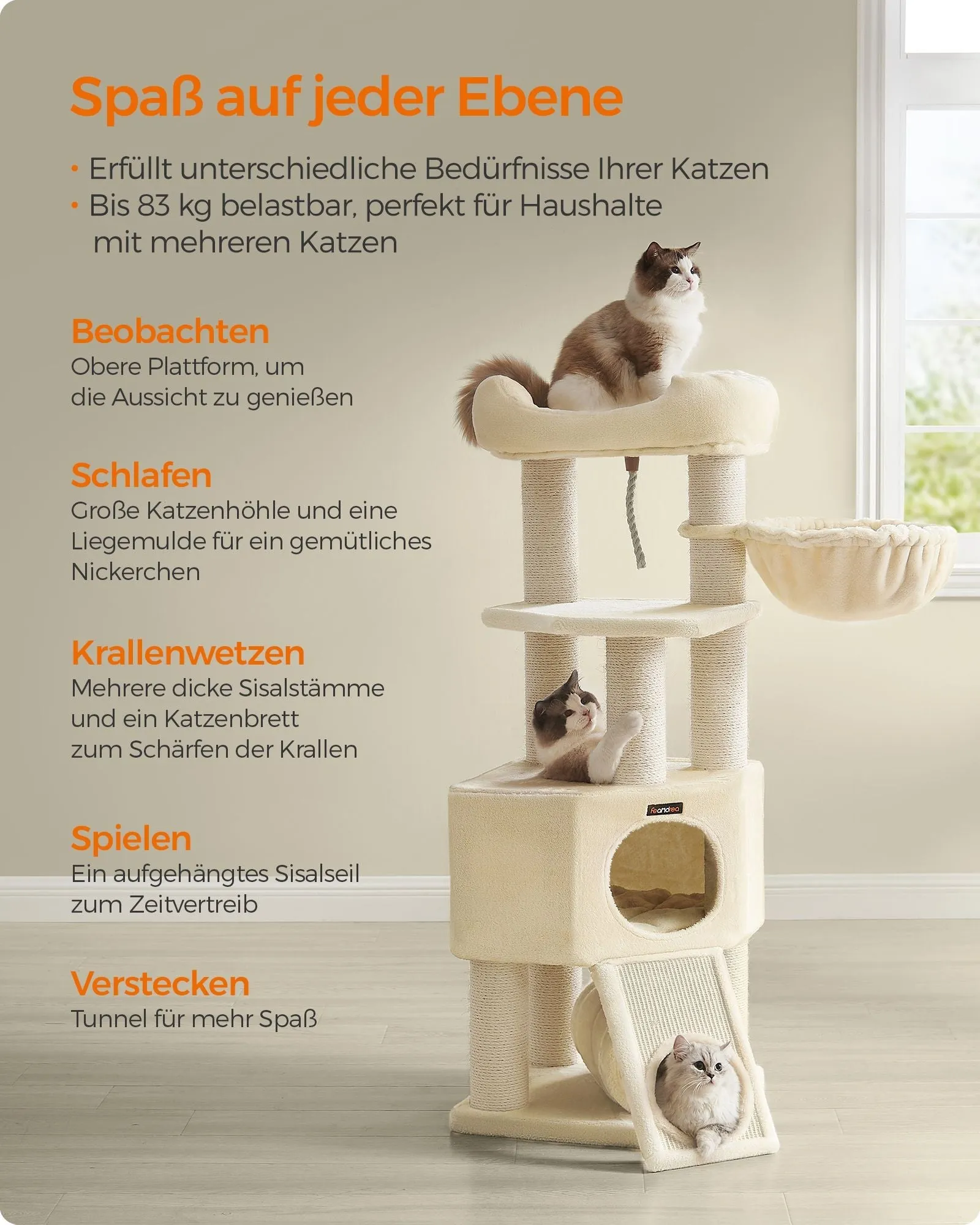 Rootz Cat Tree Tower - Cat Climber - Scratching Post - Chipboard Structure - Plush Finish - Sisal Rope - 50cm x 50cm x 141cm