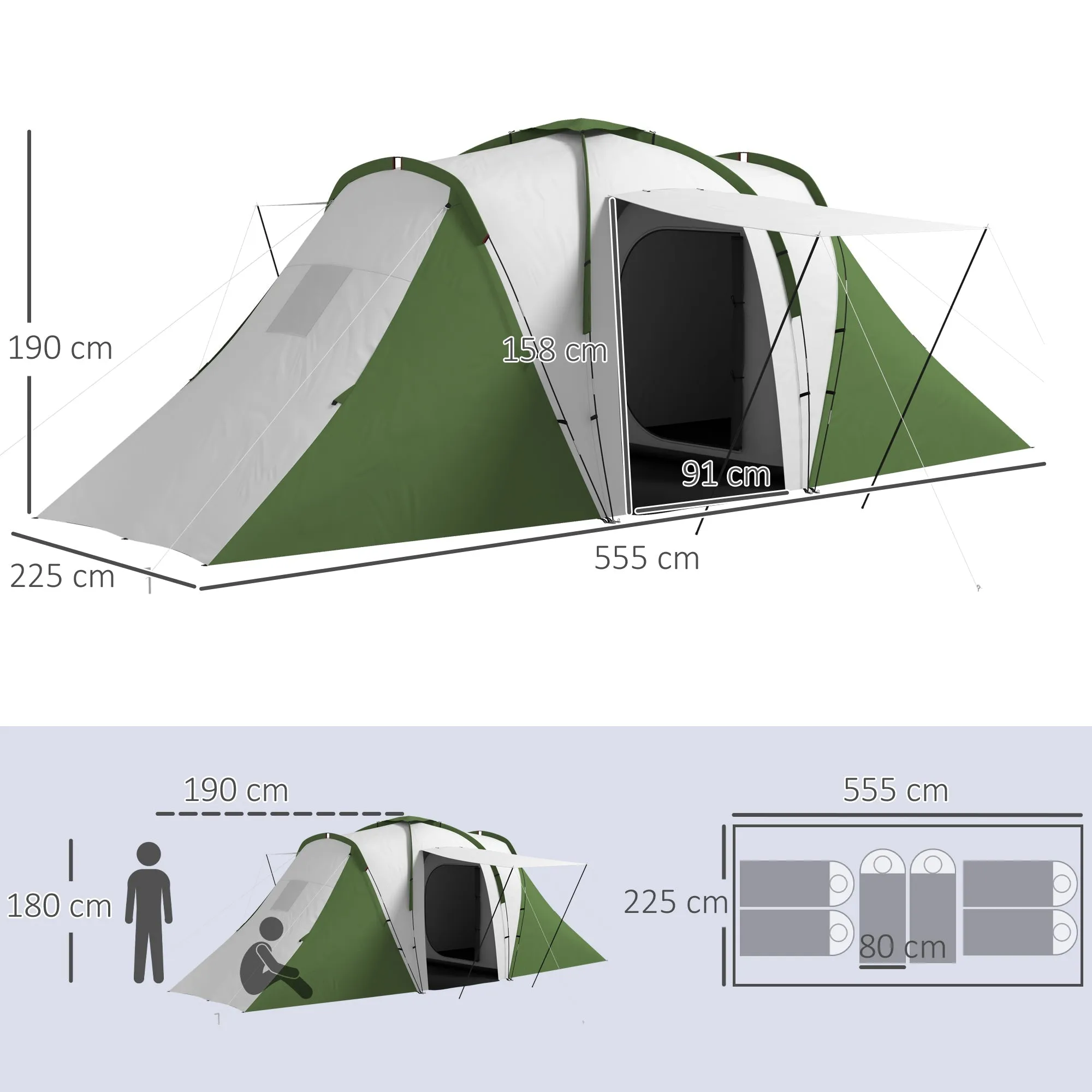 Rootz Family Camping Tent - Waterproof Shelter - Easy Setup Tent - Spacious Design - 5.55m x 2.25m x 1.9m