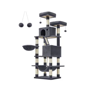 Rootz Multi-Story Cat Scratching Post - Cat Tree - Cat Condo - High-Quality Materials - Cozy Plush - 2 Caves - Basket - Hammock - Protects Furniture - Chipboard - Sisal - Smoke Gray - 55cm x 45cm x 168cm