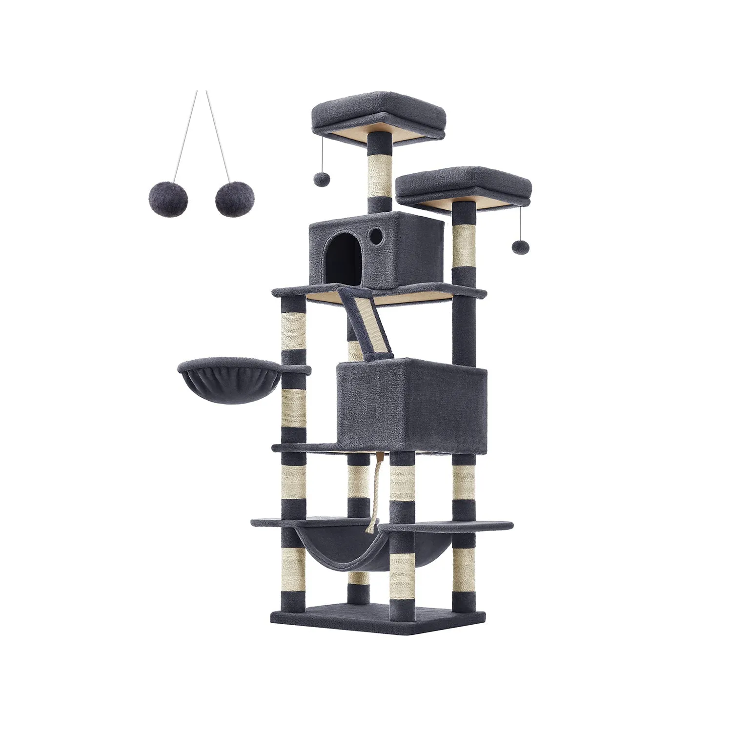 Rootz Multi-Story Cat Scratching Post - Cat Tree - Cat Condo - High-Quality Materials - Cozy Plush - 2 Caves - Basket - Hammock - Protects Furniture - Chipboard - Sisal - Smoke Gray - 55cm x 45cm x 168cm