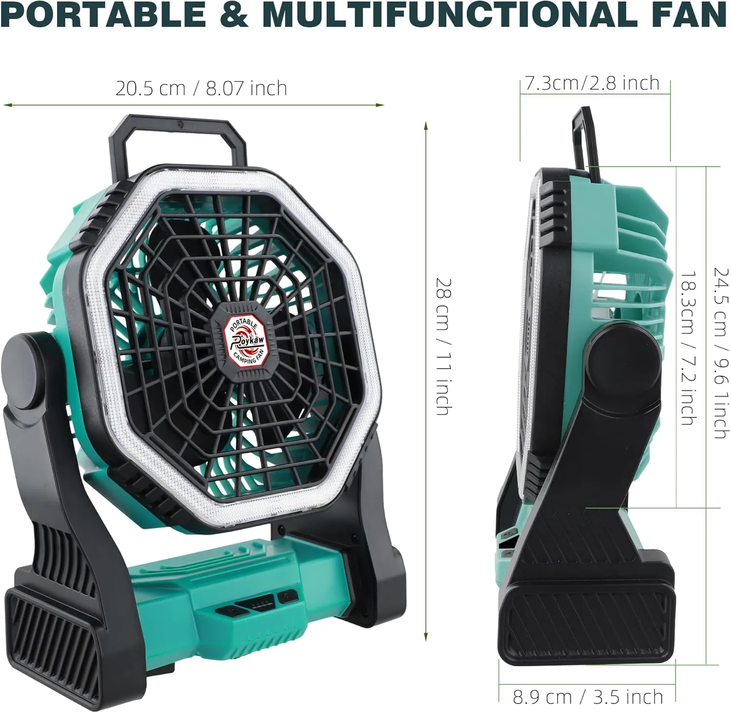Roykaw Portable Fan for Travel, 10400 mAh Rechargeable Camping Fan, Cordless Battery Powered Fan with Led Light, with Handle, Hang Hook for Tent, Fishing, Green