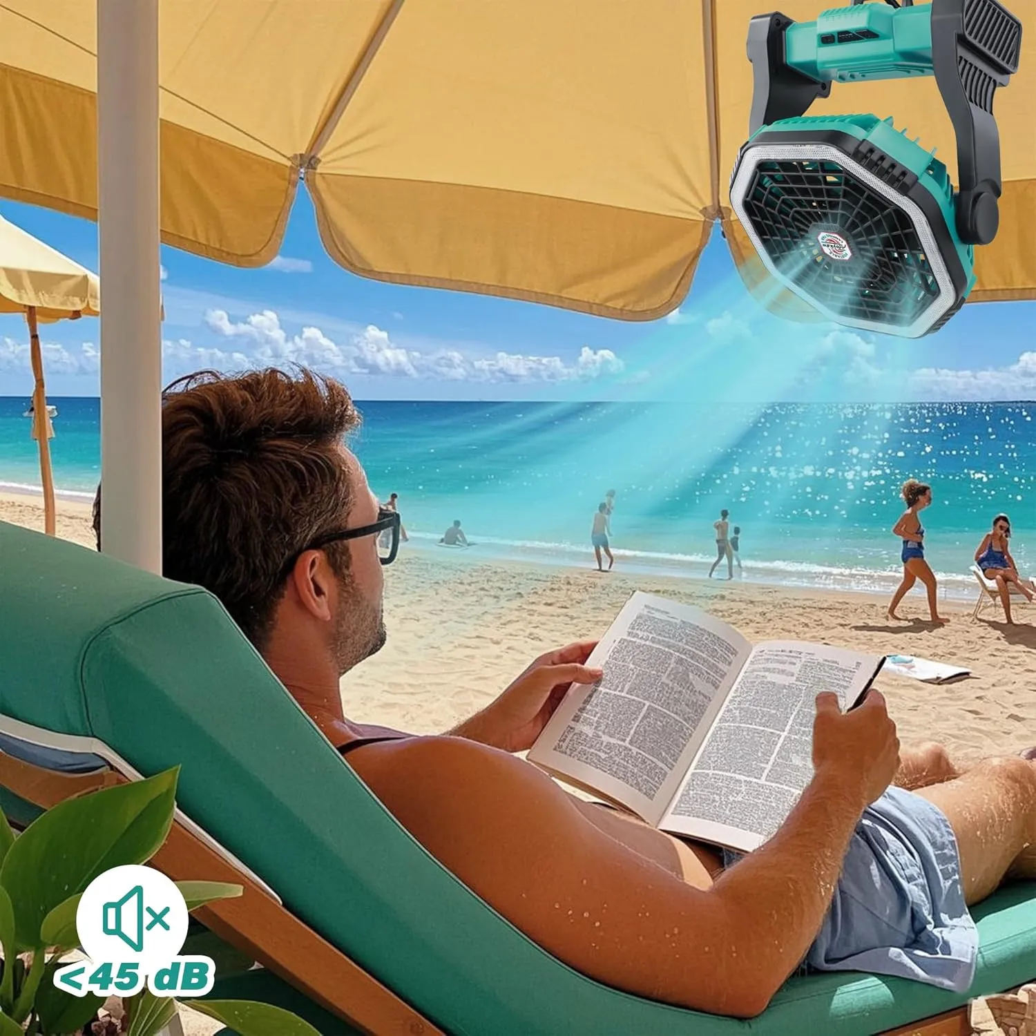 Roykaw Portable Fan for Travel, 10400 mAh Rechargeable Camping Fan, Cordless Battery Powered Fan with Led Light, with Handle, Hang Hook for Tent, Fishing, Green