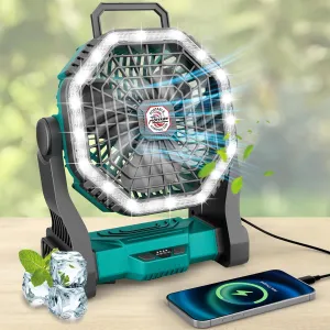 Roykaw Portable Fan for Travel, 10400 mAh Rechargeable Camping Fan, Cordless Battery Powered Fan with Led Light, with Handle, Hang Hook for Tent, Fishing, Green