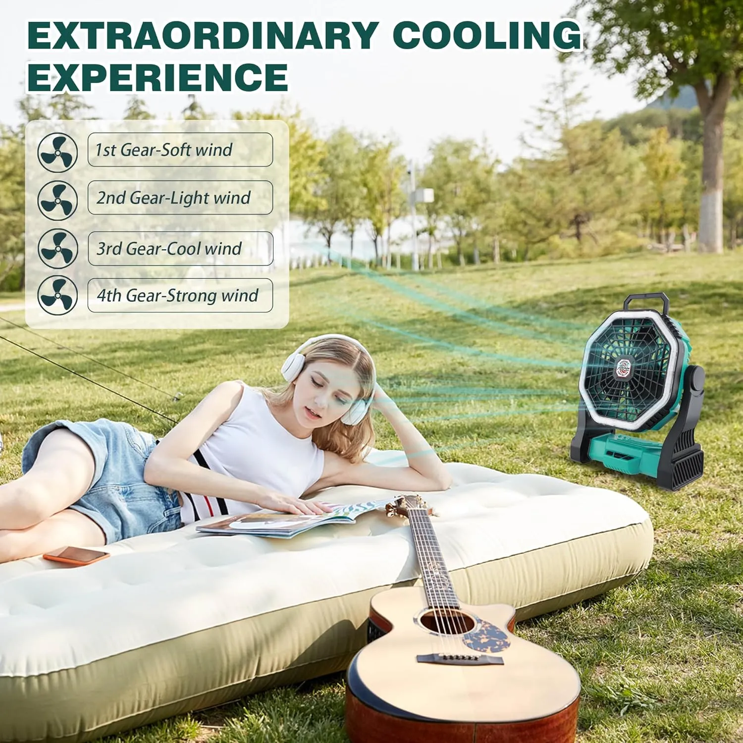 Roykaw Portable Fan for Travel, 10400 mAh Rechargeable Camping Fan, Cordless Battery Powered Fan with Led Light, with Handle, Hang Hook for Tent, Fishing, Green