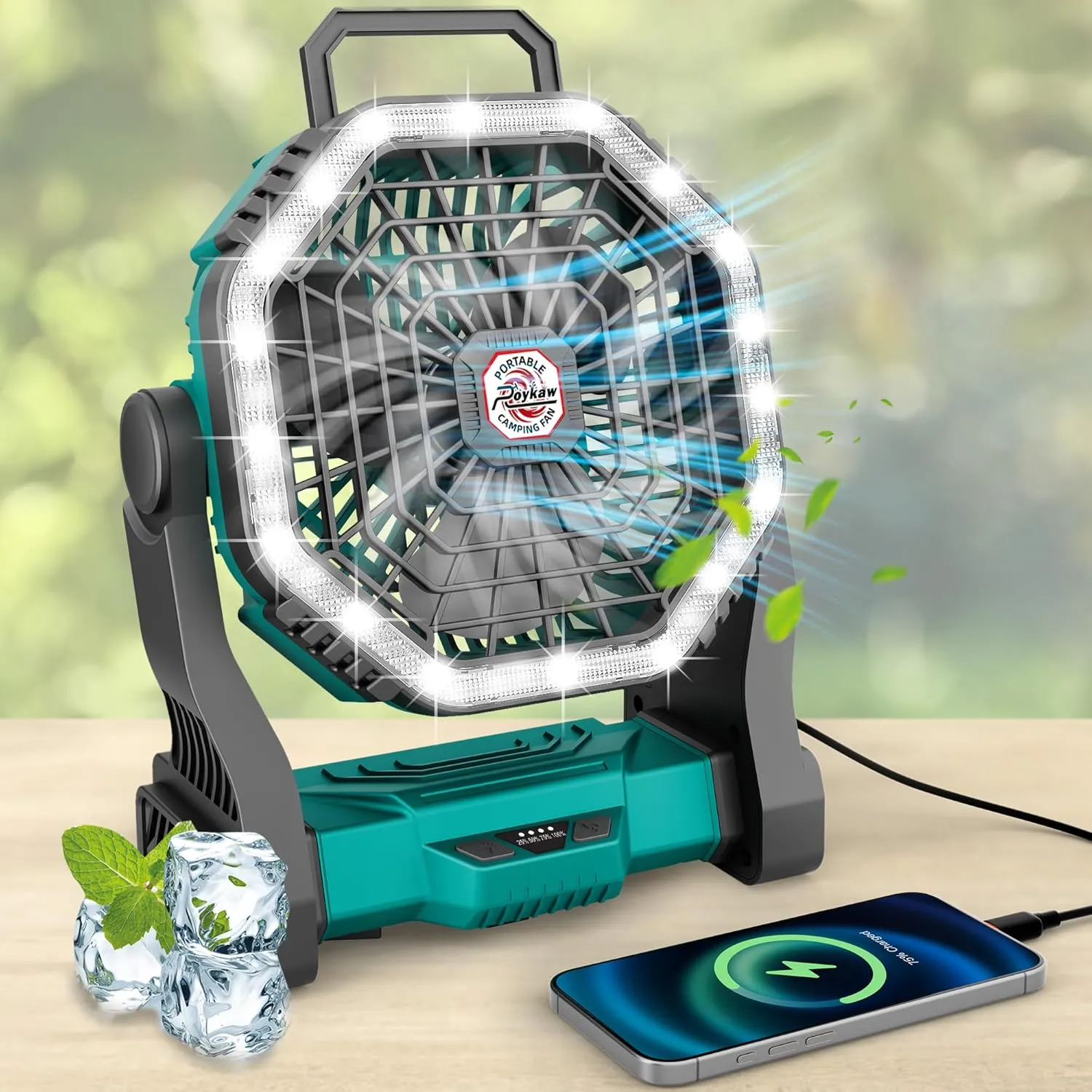 Roykaw Portable Fan for Travel, 10400 mAh Rechargeable Camping Fan, Cordless Battery Powered Fan with Led Light, with Handle, Hang Hook for Tent, Fishing, Green