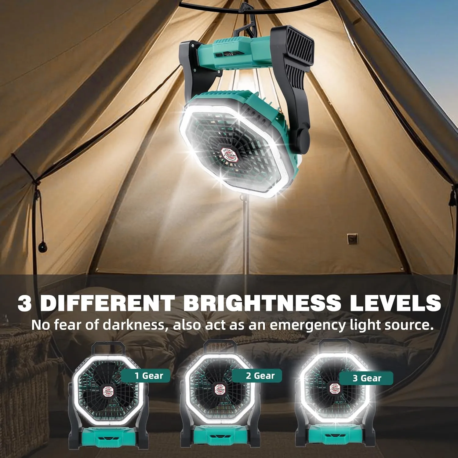 Roykaw Portable Fan for Travel, 10400 mAh Rechargeable Camping Fan, Cordless Battery Powered Fan with Led Light, with Handle, Hang Hook for Tent, Fishing, Green