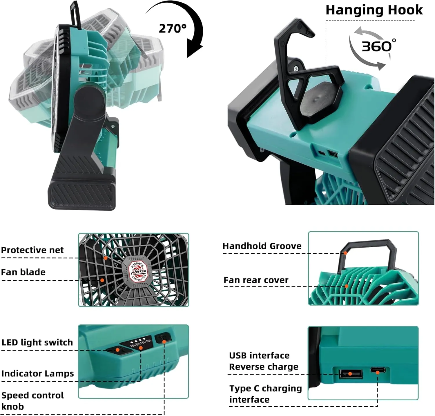 Roykaw Portable Fan for Travel, 10400 mAh Rechargeable Camping Fan, Cordless Battery Powered Fan with Led Light, with Handle, Hang Hook for Tent, Fishing, Green
