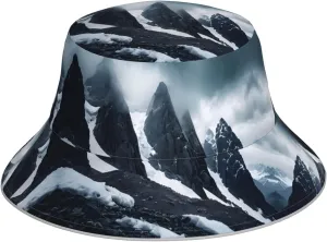 Rugged Mountains Prints Reflective Bucket Hat for Men and Women - Breathable, and Stylish Double-Sided Design,One Size Black