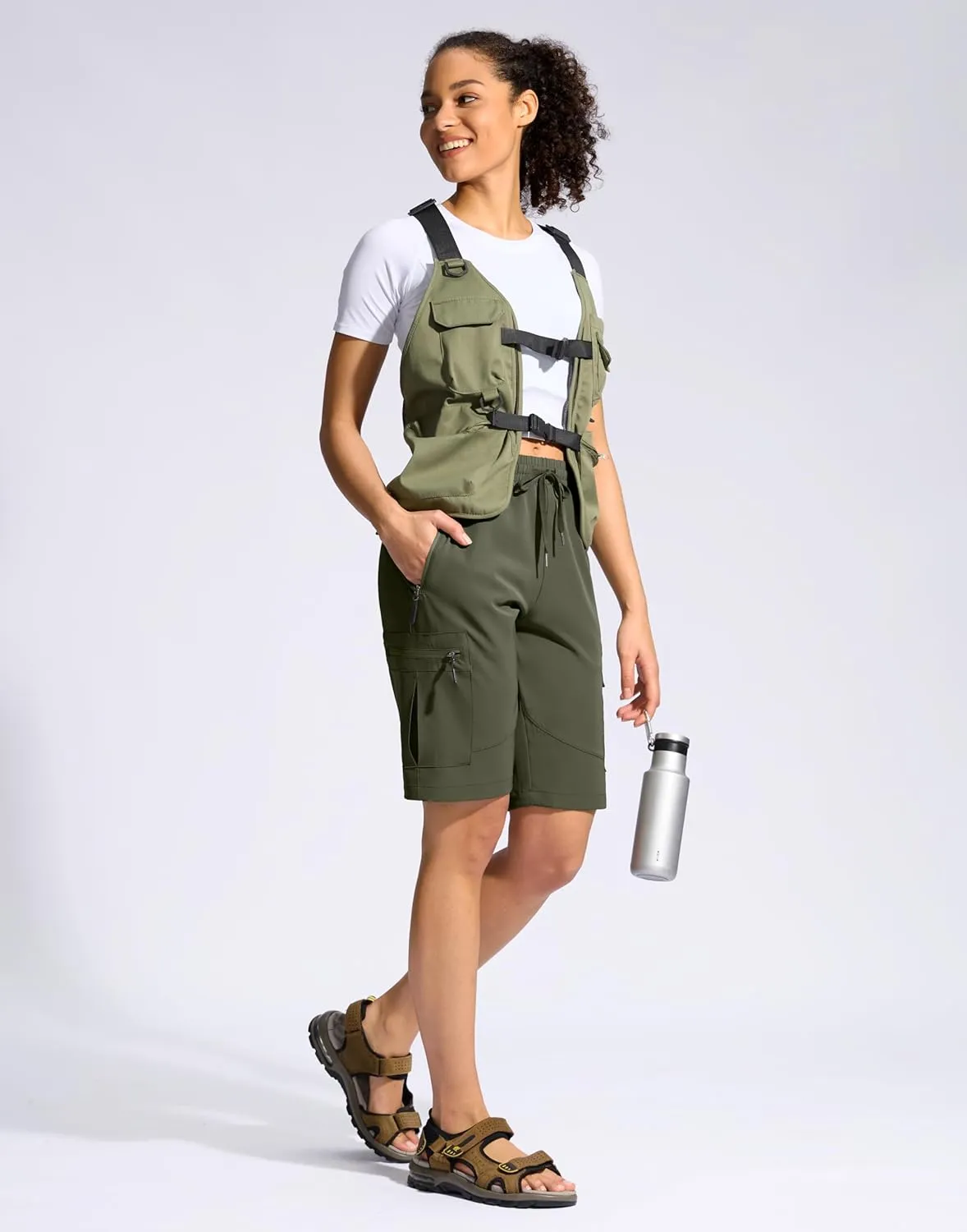 SANTINY Women's 10'' Lightweight Hiking Cargo Shorts with 5 Zipper Pockets Quick Dry Summer Long Travel Golf Shorts for Women