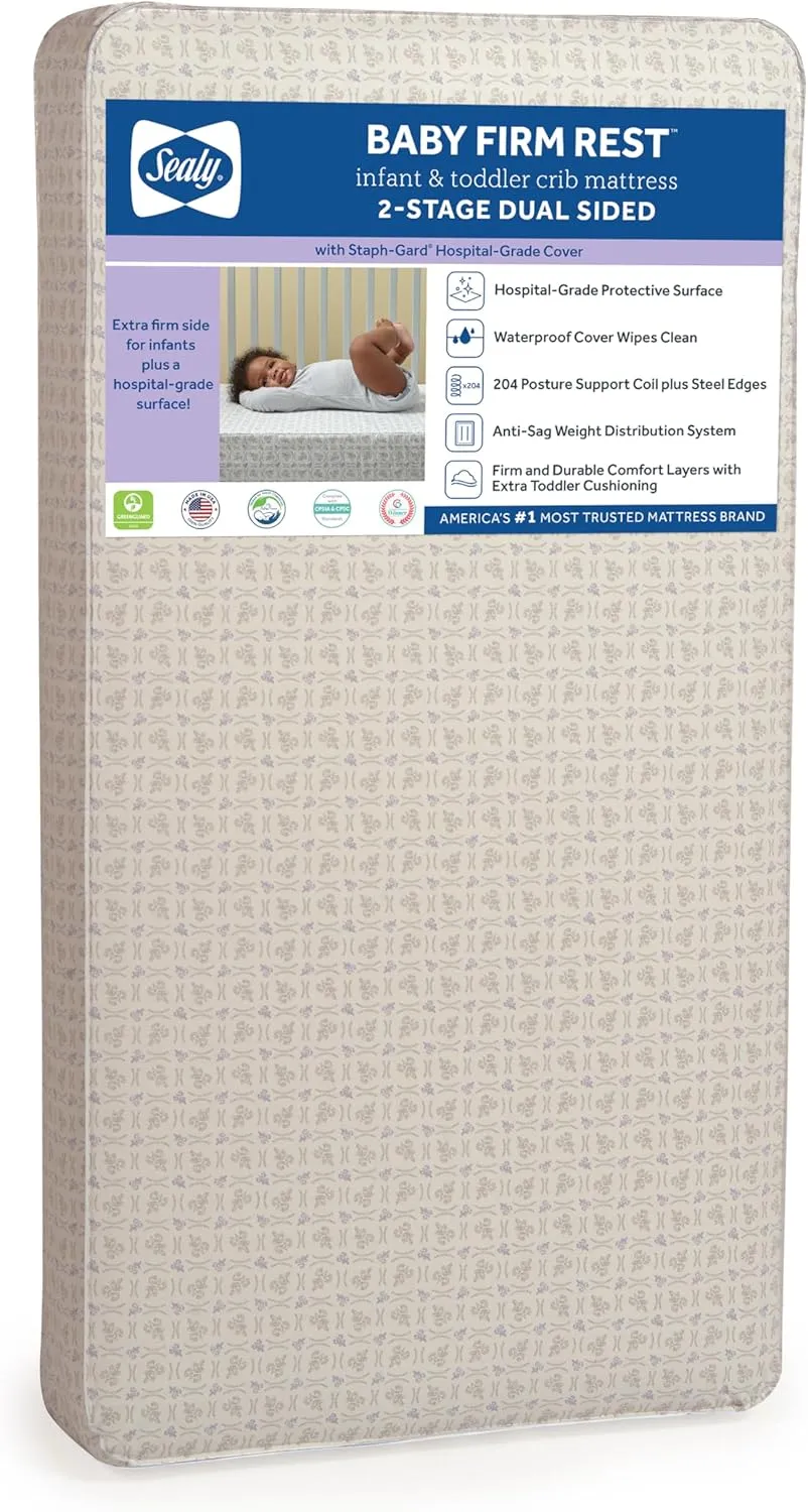 Sealy Baby Firm Rest Antibacterial 2 Stage Waterproof Crib Mattress plus Toddler Bed Fit, 204 Steel Coils, Non Toxic, GREENGUARD Gold Certified, Safety & Quality Tested, Made in USA, 52X28" Gray