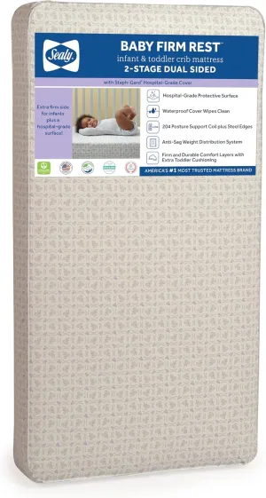 Sealy Baby Firm Rest Antibacterial 2 Stage Waterproof Crib Mattress plus Toddler Bed Fit, 204 Steel Coils, Non Toxic, GREENGUARD Gold Certified, Safety & Quality Tested, Made in USA, 52X28" Gray