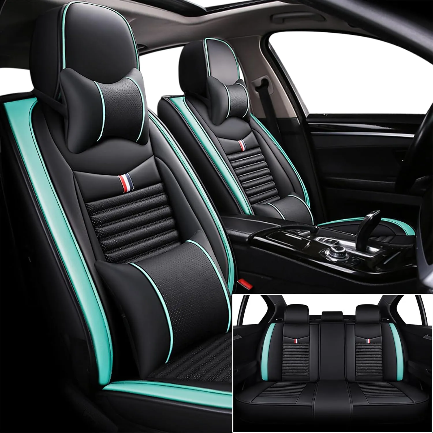 Seat Covers Fit for Nissan Kicks 2018-2024,5 Seats Custom Fit Leather Cover Protector Cushion,Automotive Vehicle Auto Interior Covers(Black Green,Premium Full Set with Pillow)
