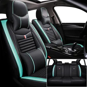 Seat Covers Fit for Nissan Kicks 2018-2024,5 Seats Custom Fit Leather Cover Protector Cushion,Automotive Vehicle Auto Interior Covers(Black Green,Premium Full Set with Pillow)