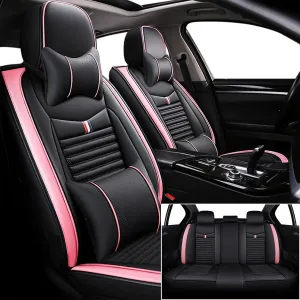 Seat Covers Fit for Nissan Kicks 2018-2024,5 Seats Custom Fit Leather Cover Protector Cushion,Automotive Vehicle Auto Interior Covers(Black Pink,Premium Full Set with Pillow)