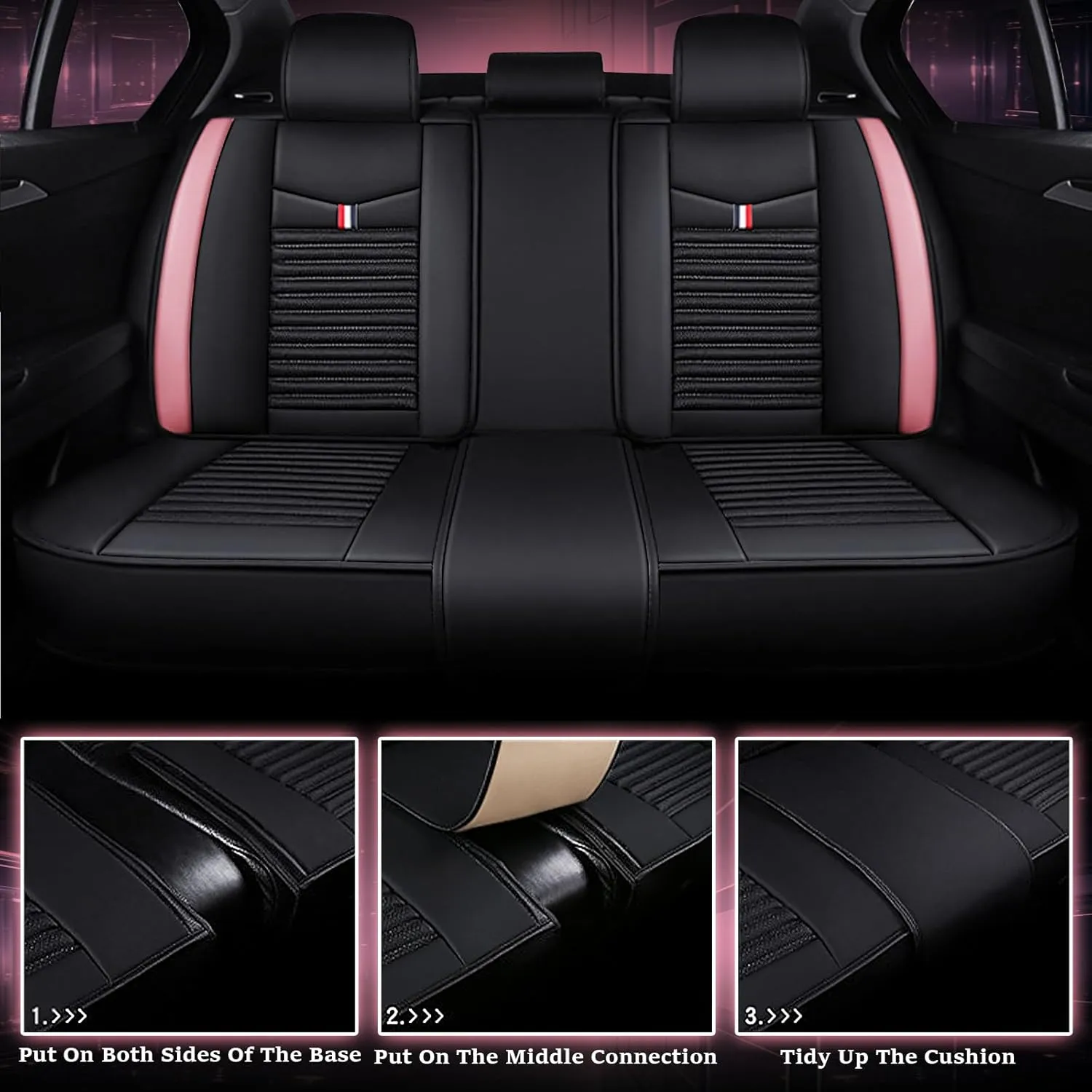 Seat Covers Fit for Nissan Kicks 2018-2024,5 Seats Custom Fit Leather Cover Protector Cushion,Automotive Vehicle Auto Interior Covers(Black Pink,Premium Full Set with Pillow)