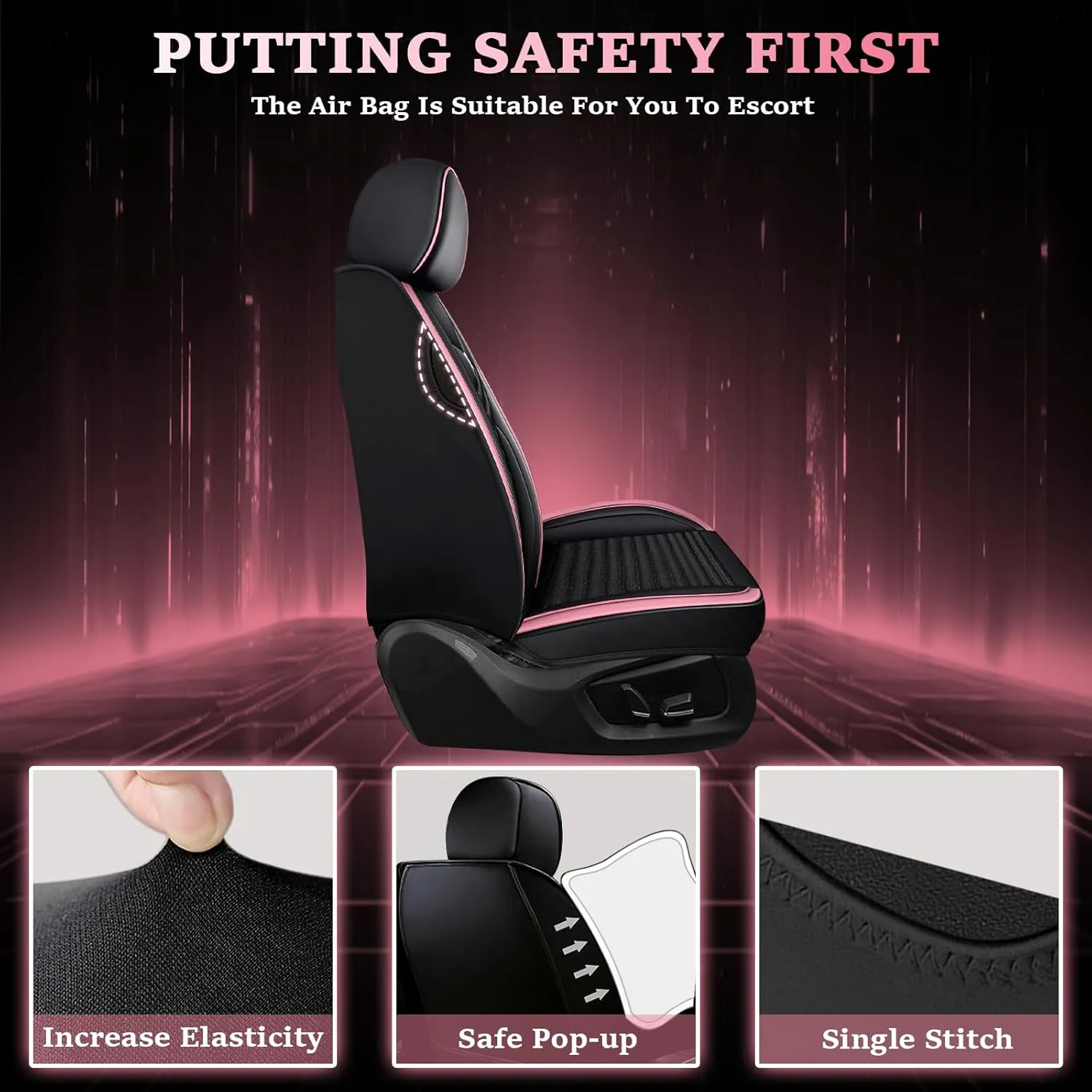 Seat Covers Fit for Nissan Kicks 2018-2024,5 Seats Custom Fit Leather Cover Protector Cushion,Automotive Vehicle Auto Interior Covers(Black Pink,Premium Full Set with Pillow)