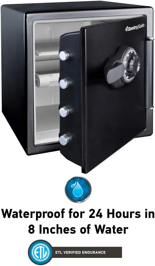 SentrySafe Fireproof and Waterproof Black Steel Home Safe with Dial Combination Lock for Cash, or Documents, 1.23 Cubic Feet, 17.8 x 16.3 x 19.3 x Inches, SFW123CU