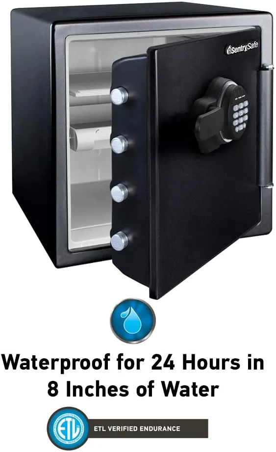 SentrySafe Fireproof and Waterproof Black Steel Home Safe with Digital Keypad Lock and Organization Trays for Money, Documents, 1.23 Cubic Feet, SFW123EU
