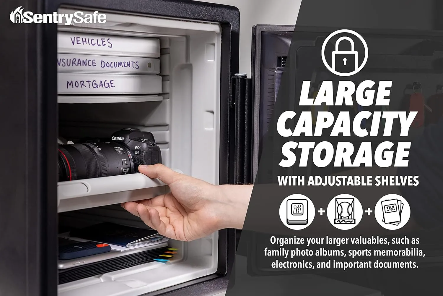 SentrySafe Fireproof and Waterproof Black Steel Home Safe with Digital Keypad Lock and Organization Trays for Money, Documents, 1.23 Cubic Feet, SFW123EU