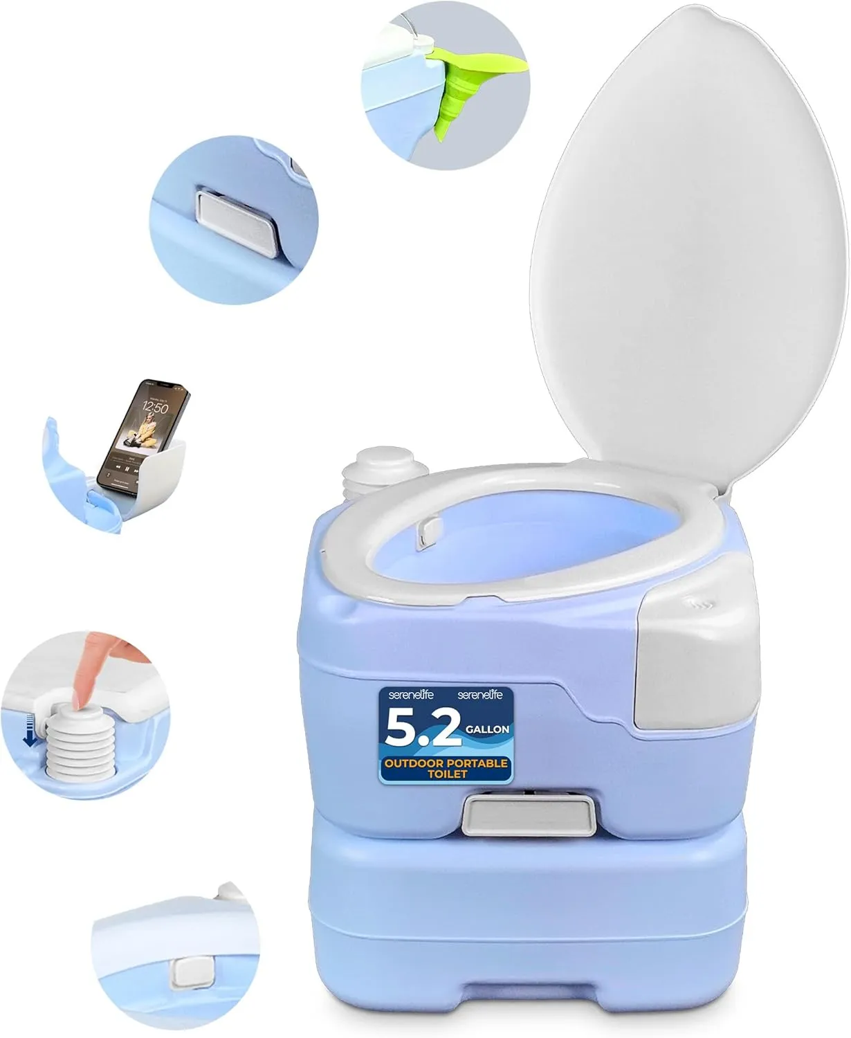 SereneLife 5.2 Gallon Portable Camping Toilet, 120 Flushes with Plastic Funnel, Hand Spray, Diagonal Seat and Mobile Holder, Portable Potty for Camping, Hiking, RoadTrip, Car, Tent