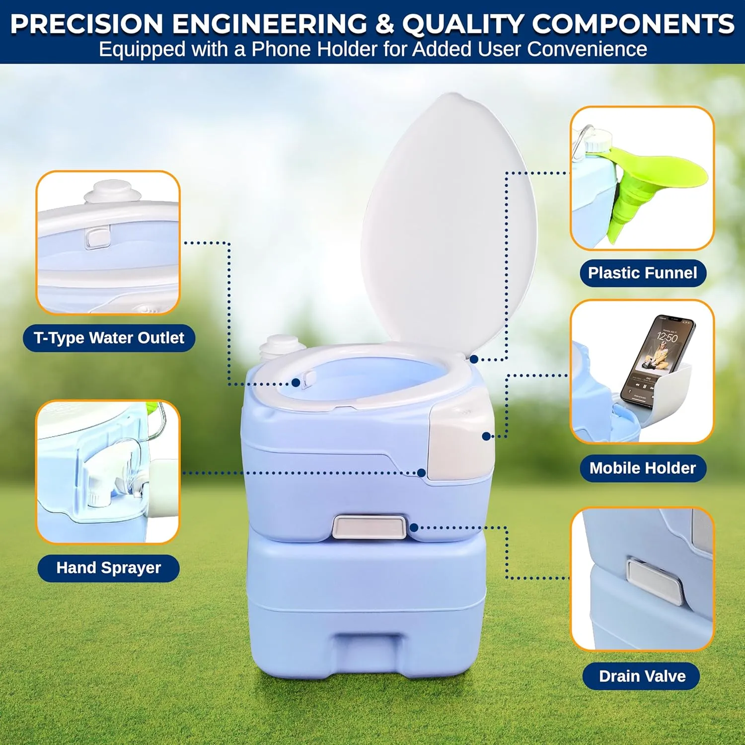 SereneLife 5.2 Gallon Portable Camping Toilet, 120 Flushes with Plastic Funnel, Hand Spray, Diagonal Seat and Mobile Holder, Portable Potty for Camping, Hiking, RoadTrip, Car, Tent