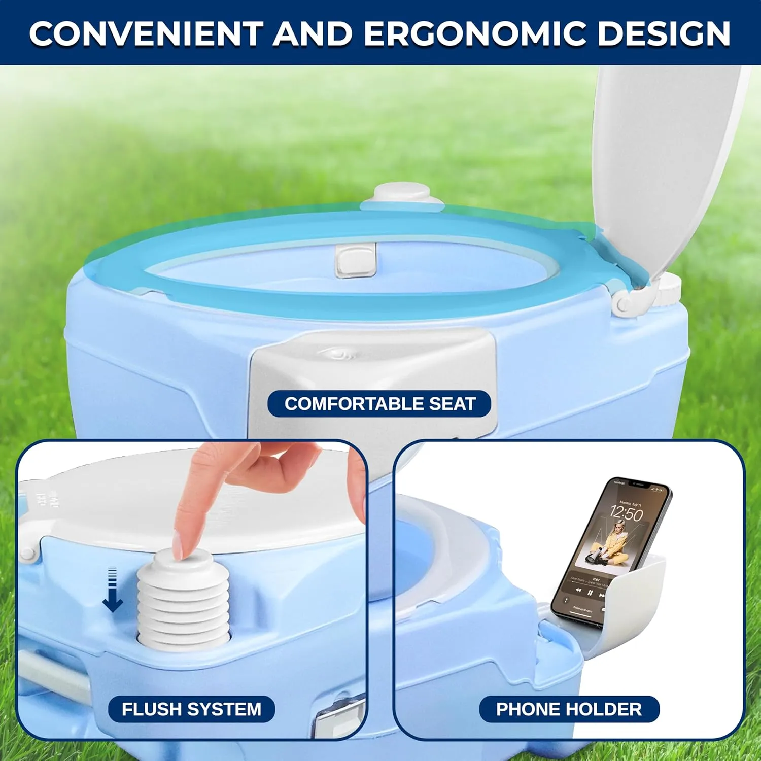 SereneLife 5.2 Gallon Portable Camping Toilet, 120 Flushes with Plastic Funnel, Hand Spray, Diagonal Seat and Mobile Holder, Portable Potty for Camping, Hiking, RoadTrip, Car, Tent