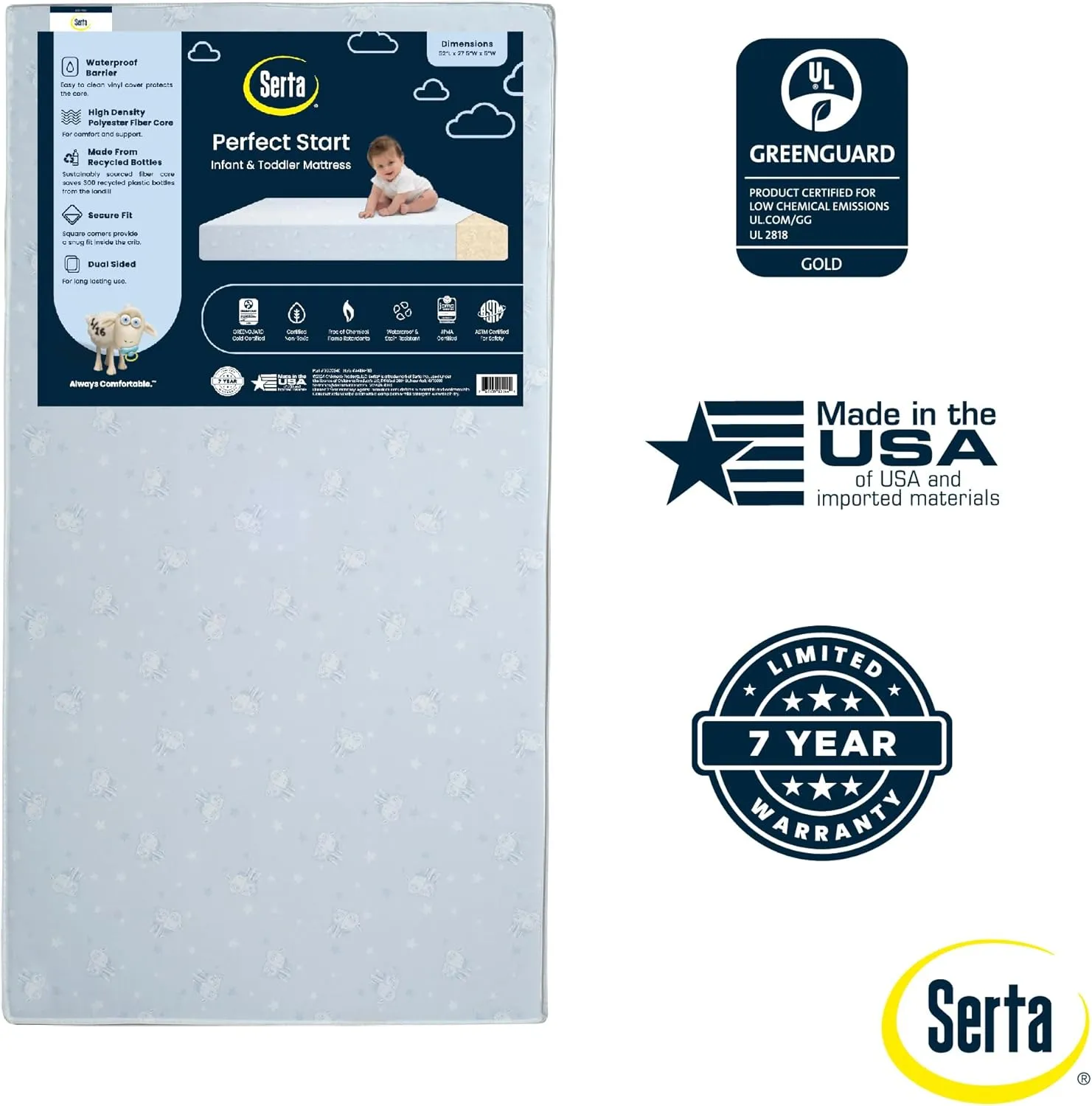 Serta Perfect Start Dual Sided Baby Crib Mattress & Toddler Mattress - Waterproof - 6" Premium Sustainably Sourced Fiber Core - GREENGUARD Gold Certified – 7 Year Warranty - Made in USA