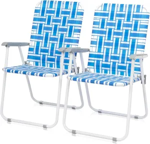 Set of 2 Patio Folding Lawn Chair, Outdoor Beach Portable Webbed Folding Camping Chair for Yard, Garden (Blue 1)