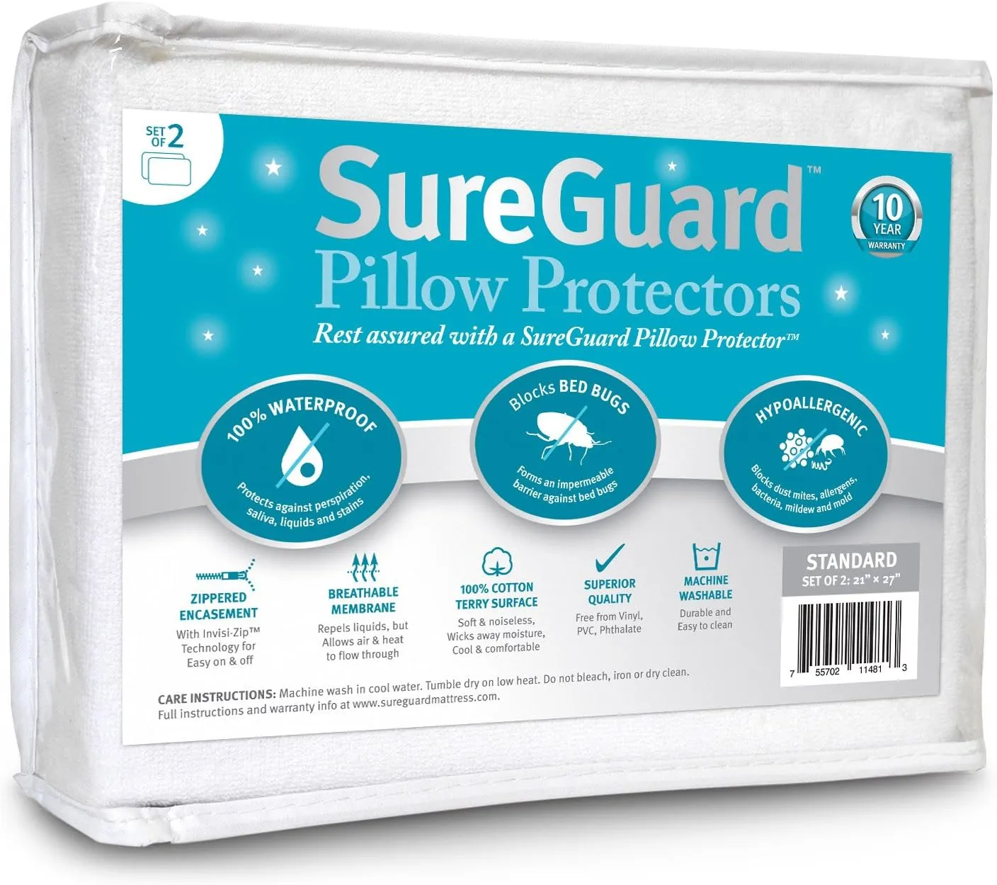 Set of 2 Standard Size SureGuard Pillow Protectors - 100% Waterproof, Bed Bug Proof, Hypoallergenic - Premium Zippered Cotton Terry Covers