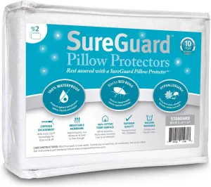 Set of 2 Standard Size SureGuard Pillow Protectors - 100% Waterproof, Bed Bug Proof, Hypoallergenic - Premium Zippered Cotton Terry Covers