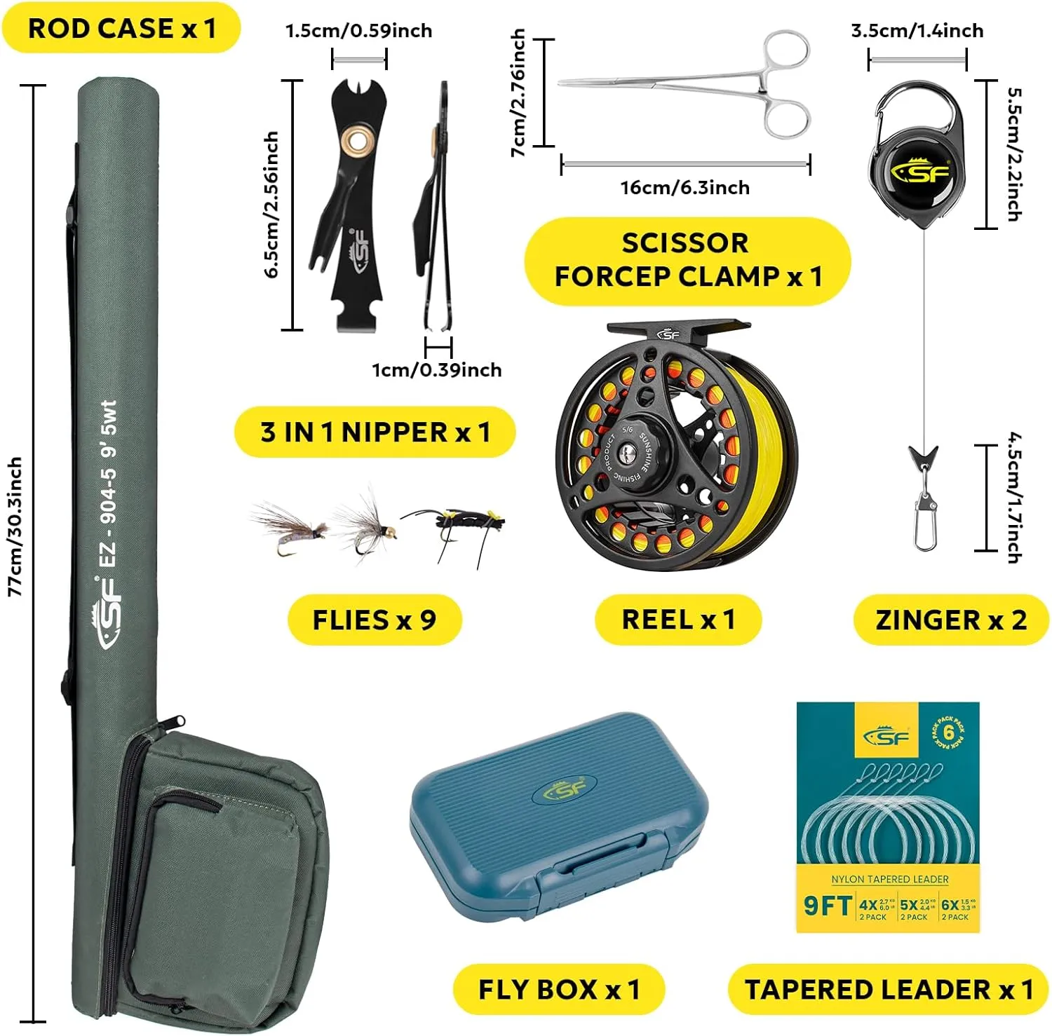 SF Fly Fishing Rod Combo Starter Kit Semi Gloss Green Jade Finish 24T Carbon Fiber Trout Travel Fly Rod with Reel,Fly Rod case,Fly Box , Flies,Tapered Leader,Knot Tying Tools